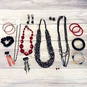 Chunky Red and Black Silver Tone Jewelry Lot of 16 Necklaces Earrings Bracelets